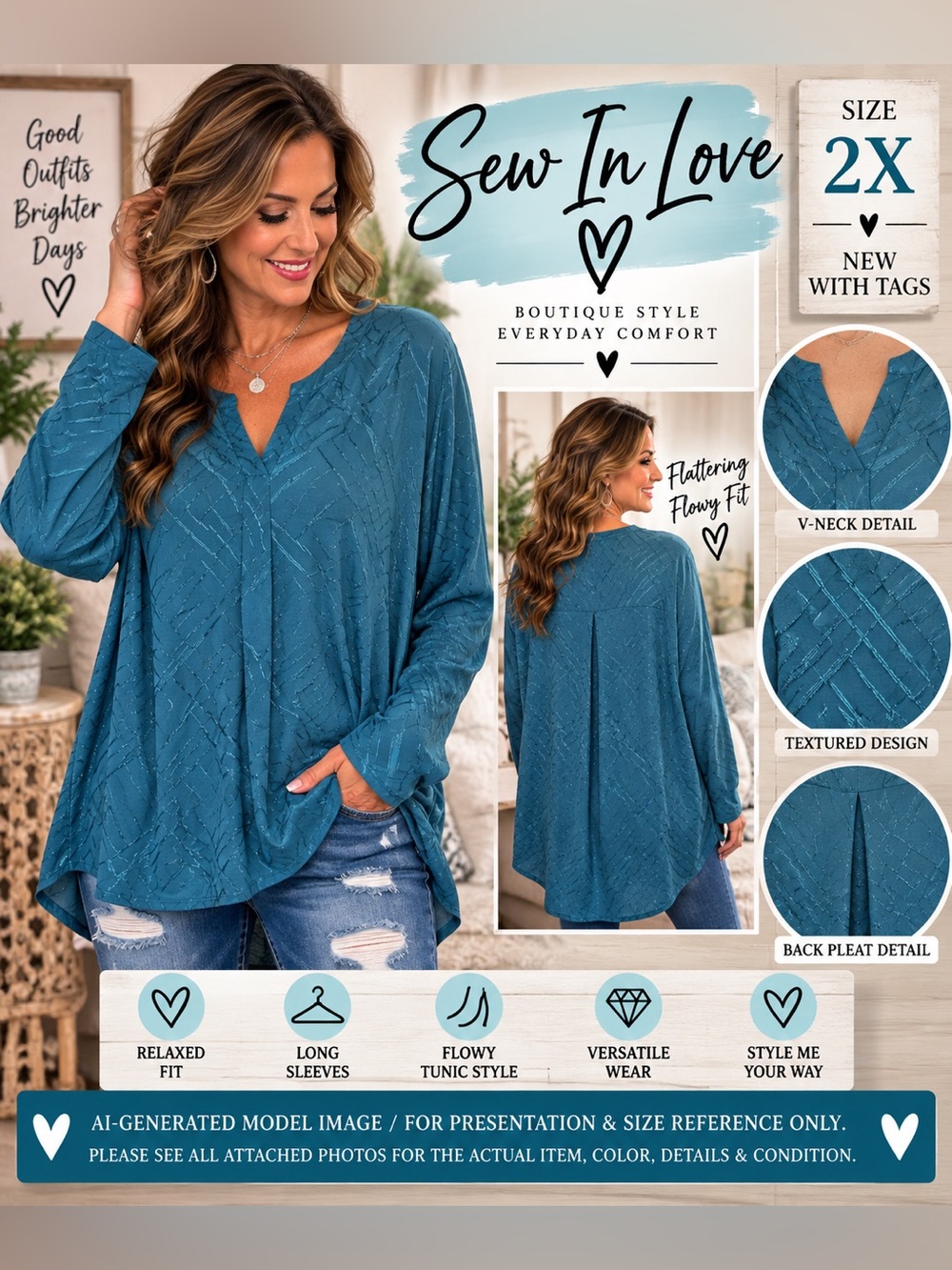 Sew In Love Teal Textured V-Neck Tunic Blouse 2X